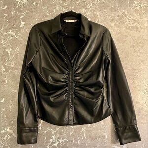 Zara Ruched Vegan Black Leather Shirt Size Small  Like New